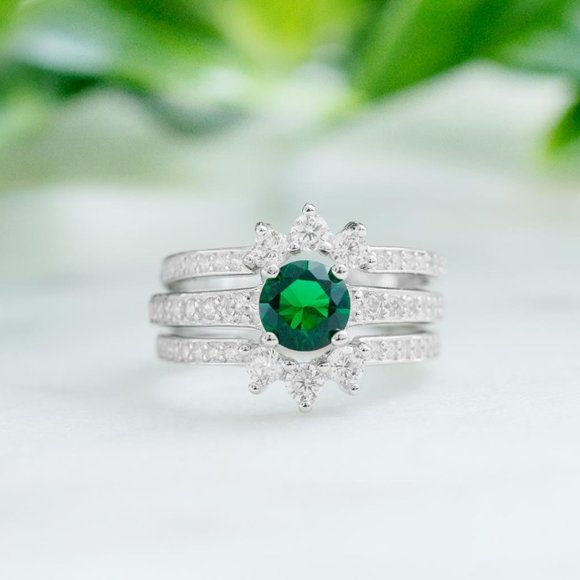Emerald Green 3 Piece Ring set, real 925 Sterling Silver Charmed Aroma - Picture 2 of 3